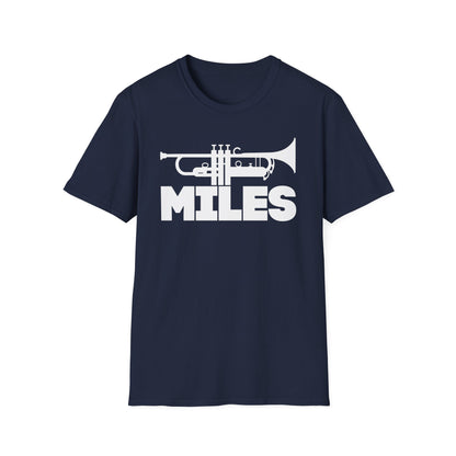 Navy t-shirt with white trumpet graphic and "MILES" text.
