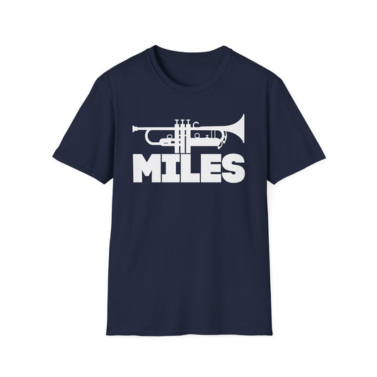 Navy t-shirt with white trumpet graphic and "MILES" text.