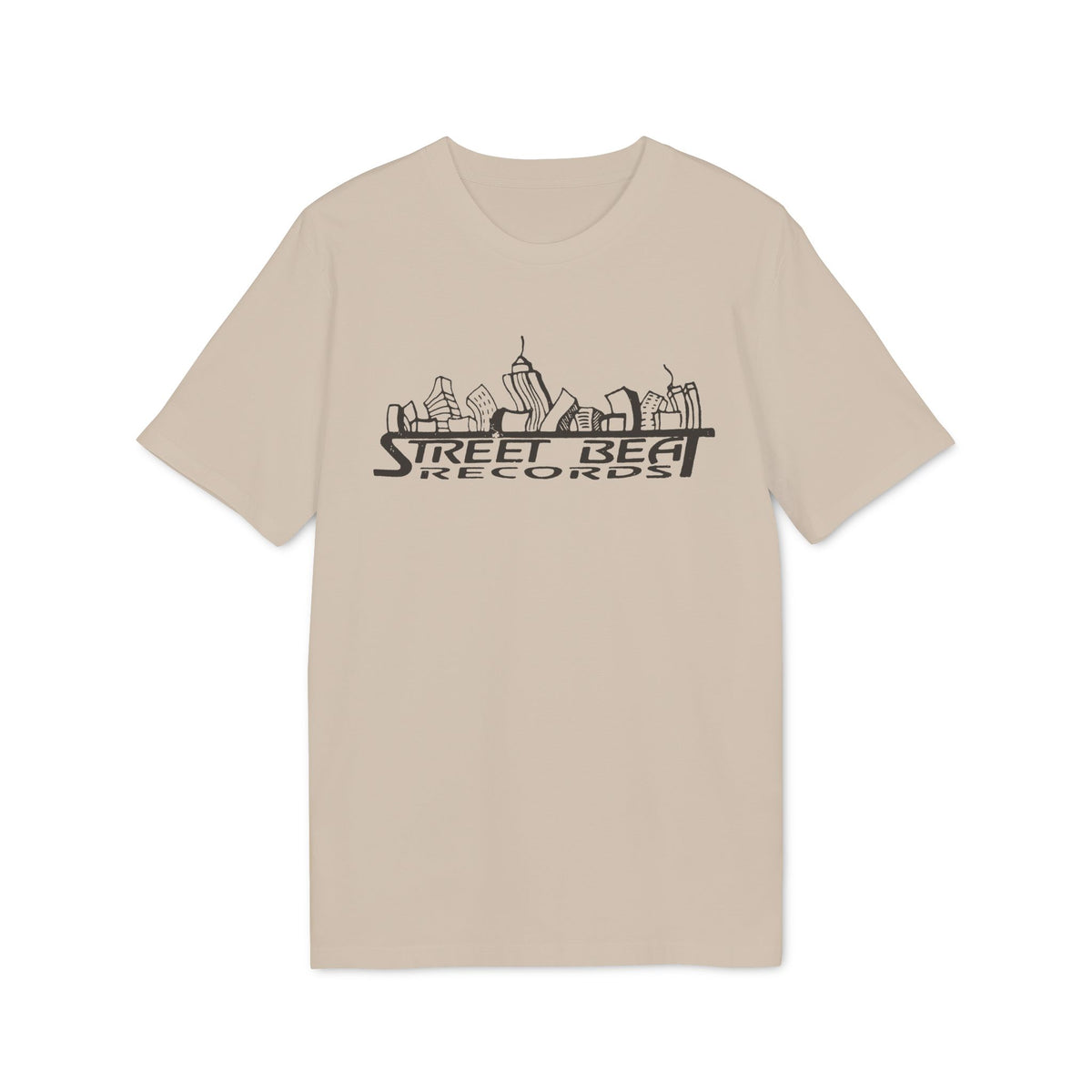 Beige t-shirt featuring a black graphic of a city skyline and the text Street Beat Records.
