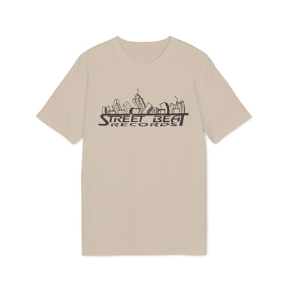 Beige t-shirt featuring a black graphic of a city skyline and the text Street Beat Records.