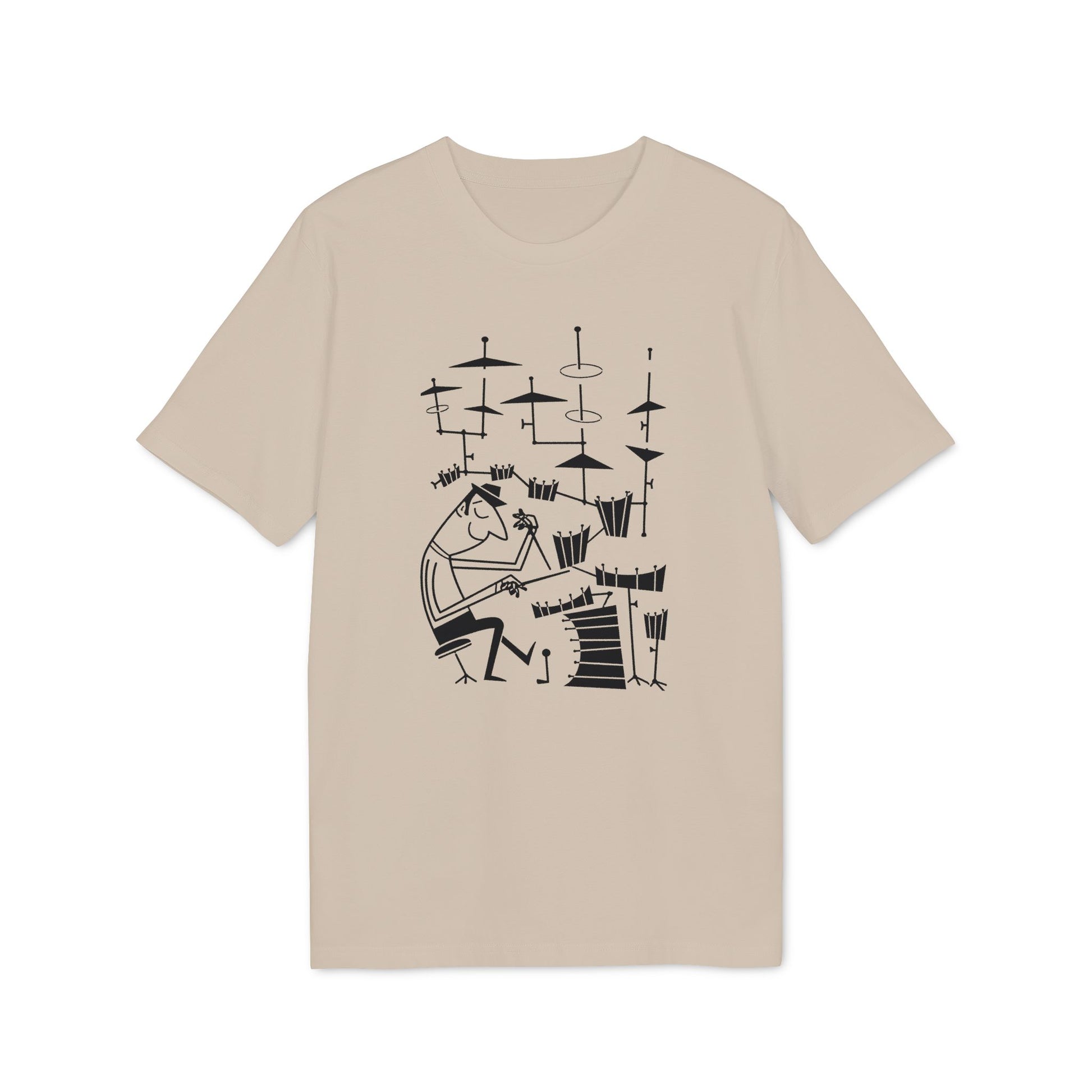 Black line drawing of a drummer playing a drum set on a tan t-shirt.