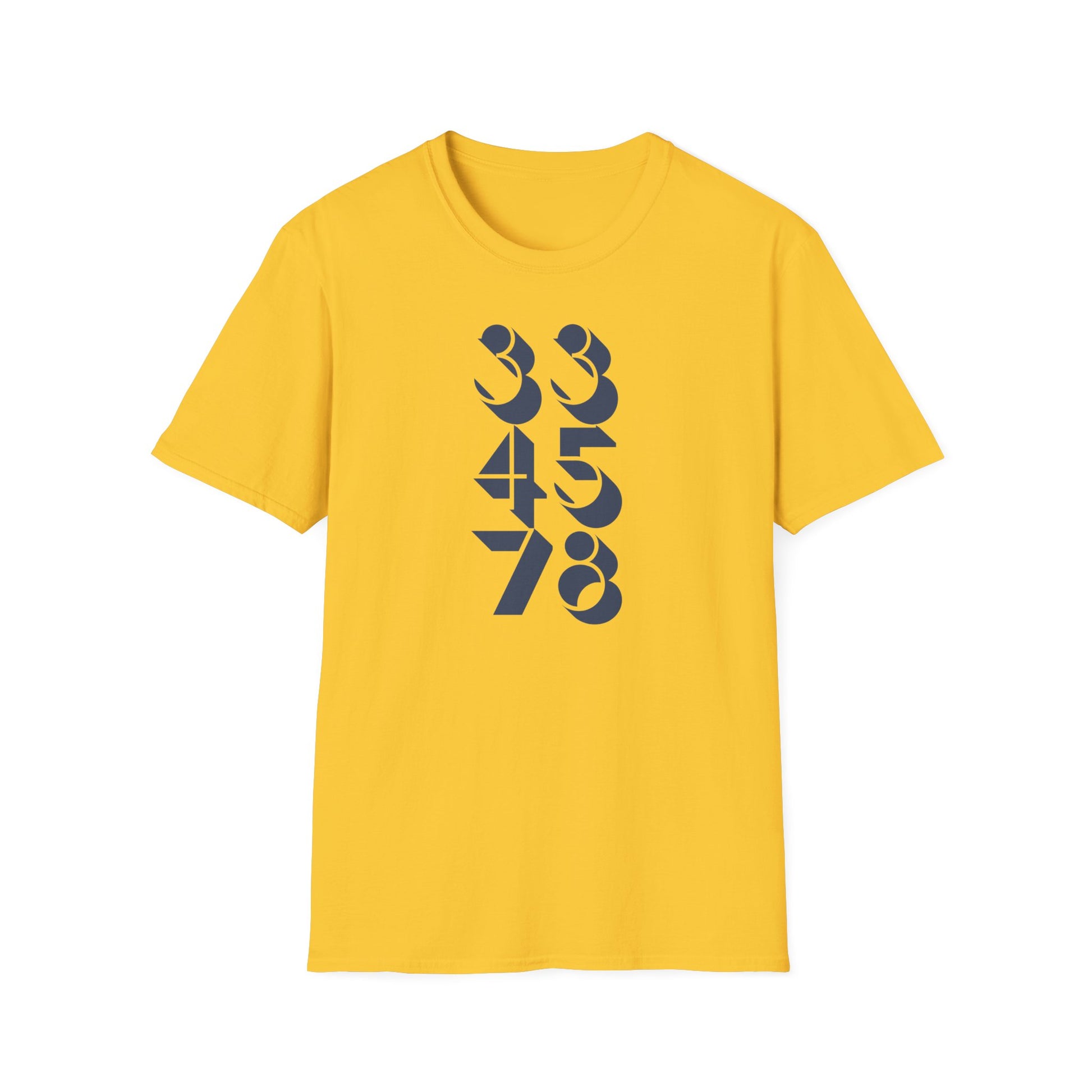 Yellow t-shirt with dark blue stacked numbers 33, 45, and 78.