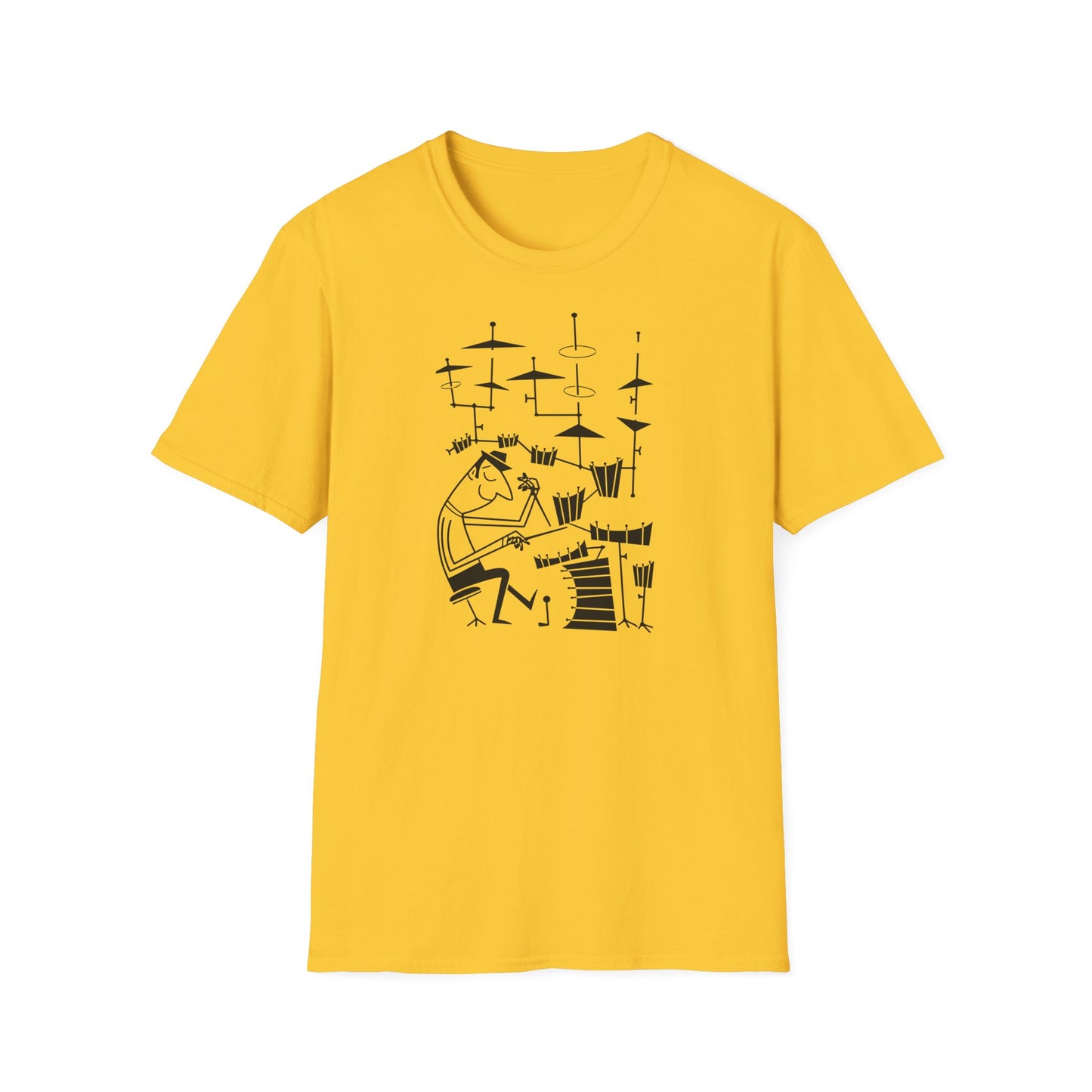 Black line drawing of a drummer playing drums on a yellow t-shirt.