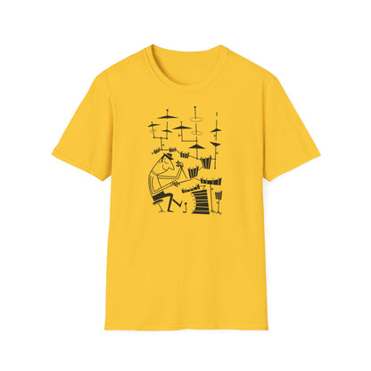 Black line drawing of a drummer playing drums on a yellow t-shirt.