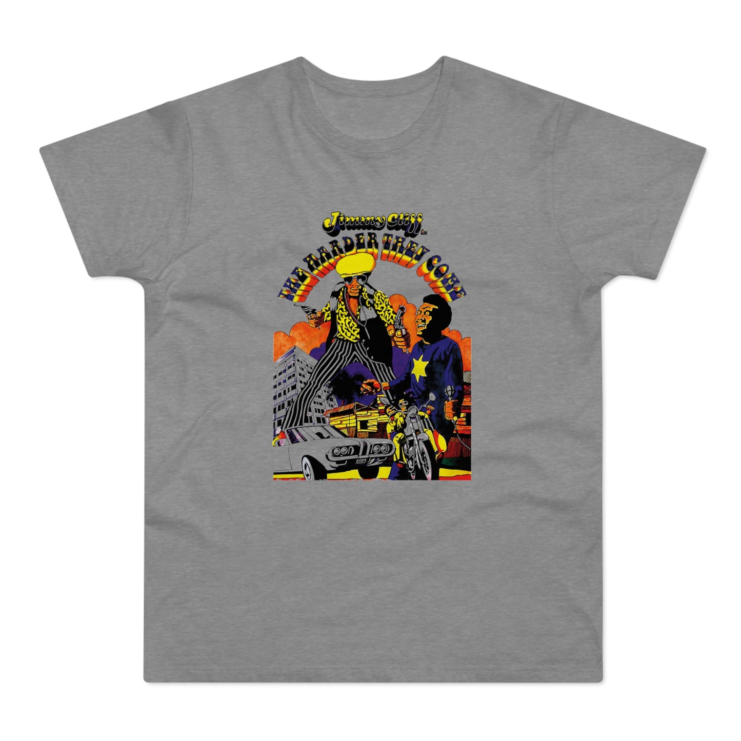 The Harder They Come Jimmy Cliff graphic on a grey t-shirt.
