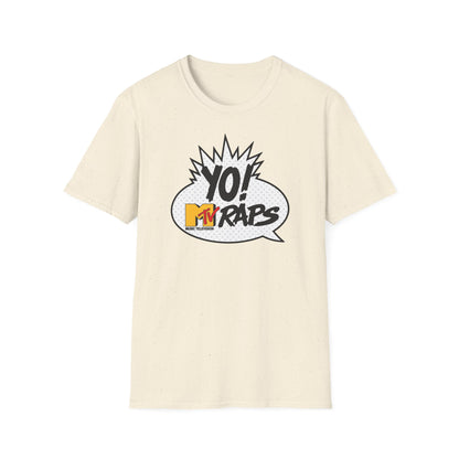 Cream t-shirt with "Yo! MTV Raps" logo in a speech bubble.