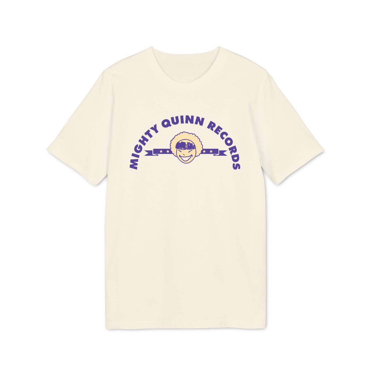 An off-white short-sleeved t-shirt featuring a purple Mighty Quinn Records logo with a smiling face graphic on the chest.