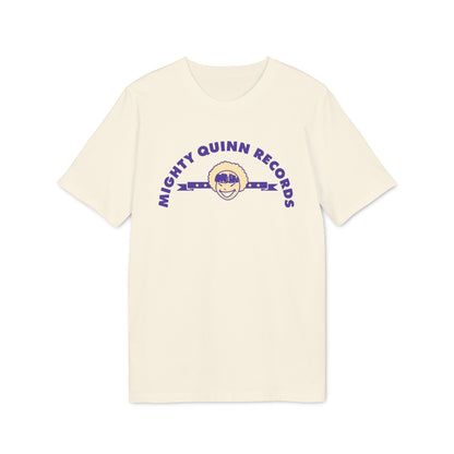 An off-white short-sleeved t-shirt featuring a purple Mighty Quinn Records logo with a smiling face graphic on the chest.