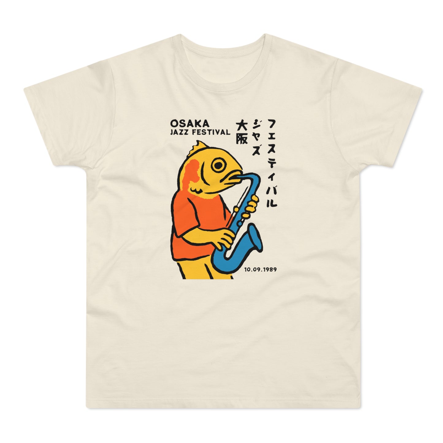 Yellow fish in orange shirt playing blue saxophone, "Osaka Jazz Festival" text.