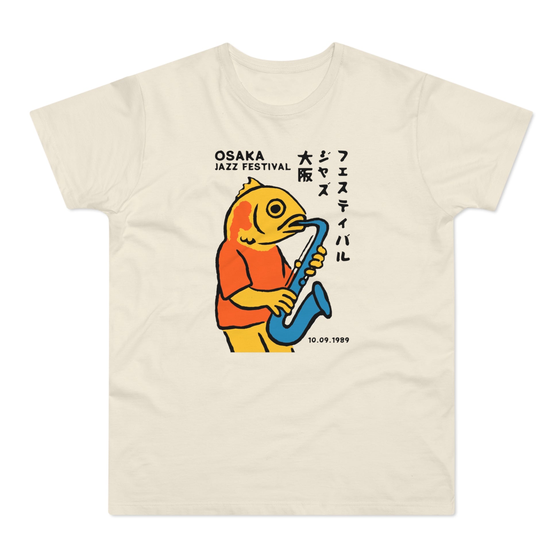 Yellow fish in orange shirt playing blue saxophone, "Osaka Jazz Festival" text.