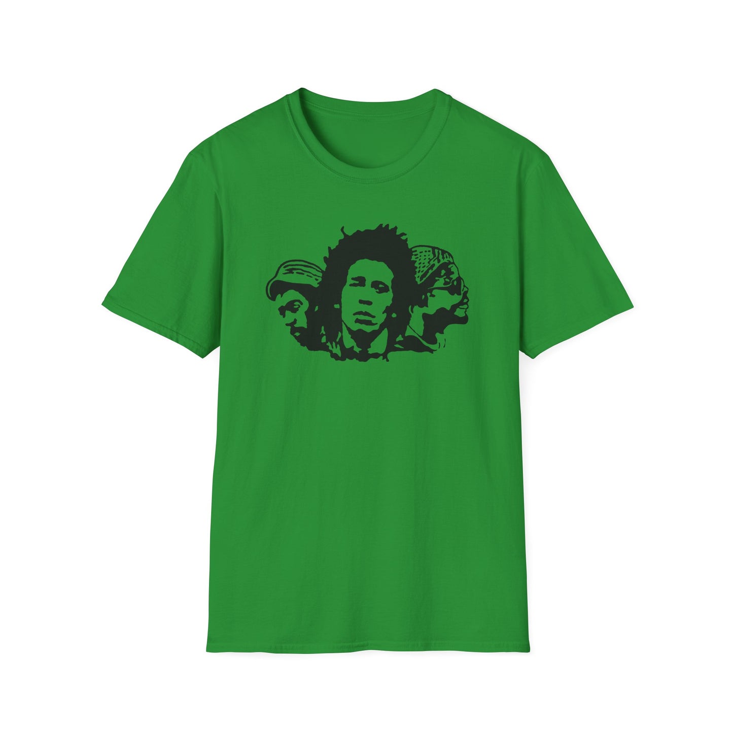 Green t-shirt with a black silhouette graphic of three reggae musicians.