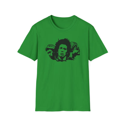 Green t-shirt with a black silhouette graphic of three reggae musicians.