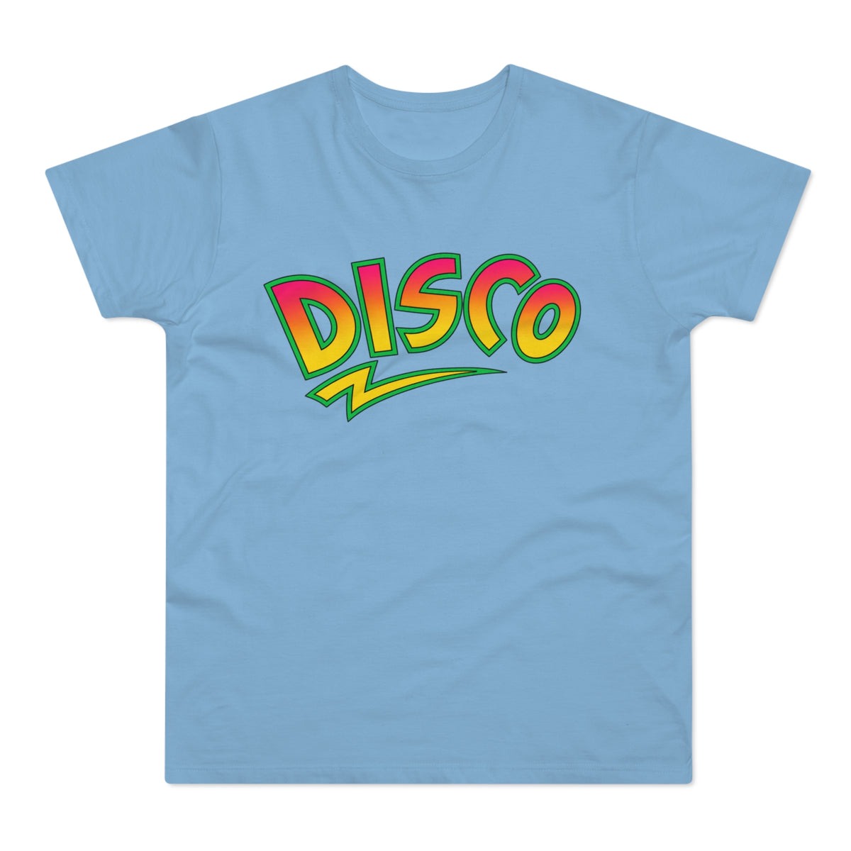 Light blue t-shirt with "DISCO" in colorful retro lettering and a yellow lightning bolt.