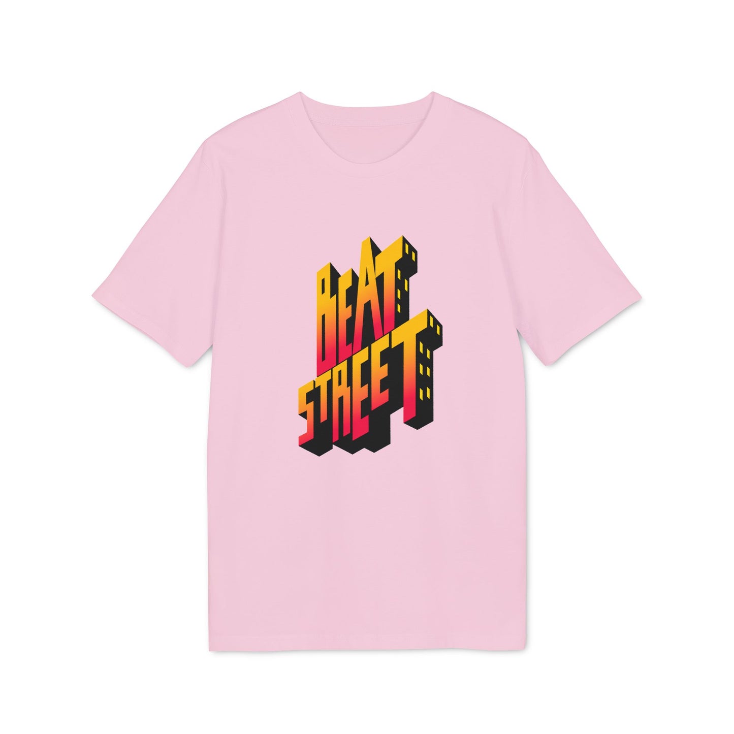 Pink t-shirt with 3D "BEAT STREET" graphic in yellow and red hues.