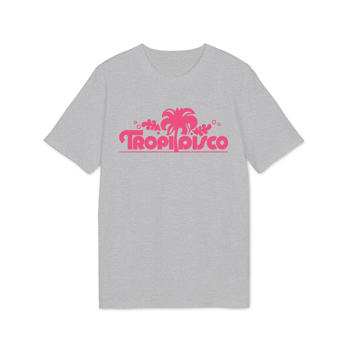 A heather gray short-sleeve t-shirt with a pink graphic design reading Tropi Disco and a palm tree.