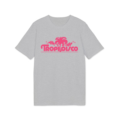 A heather gray short-sleeve t-shirt with a pink graphic design reading Tropi Disco and a palm tree.