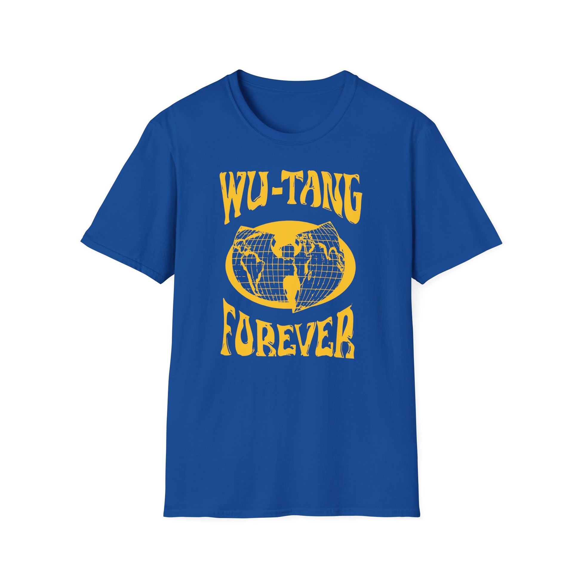 Blue t-shirt with yellow " Forever" text and world map graphic.