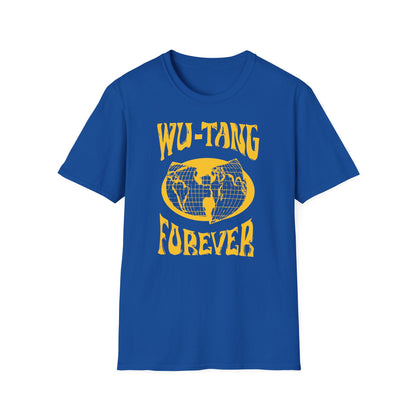 Blue t-shirt with yellow " Forever" text and world map graphic.