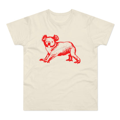 Off-white short-sleeve crewneck t-shirt featuring a stylized red graphic of a walking koala on the front chest.