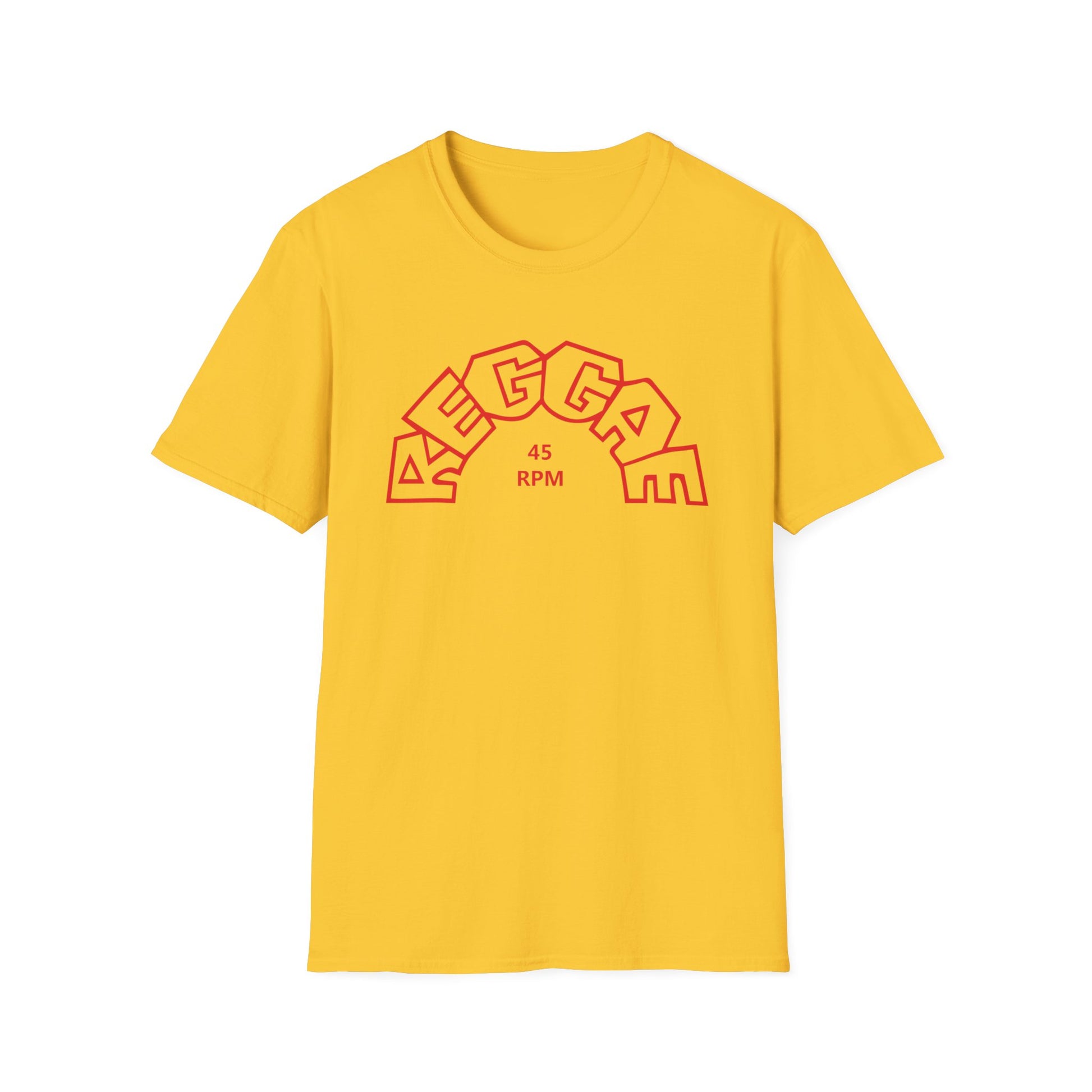 Yellow t-shirt with red text "MEGGA 45 RPM" in an arched outline.