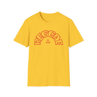Yellow t-shirt with red text "MEGGA 45 RPM" in an arched outline.