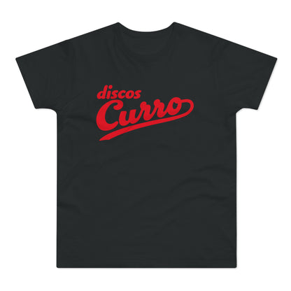 Black t-shirt with red "Discos Curro" script logo.