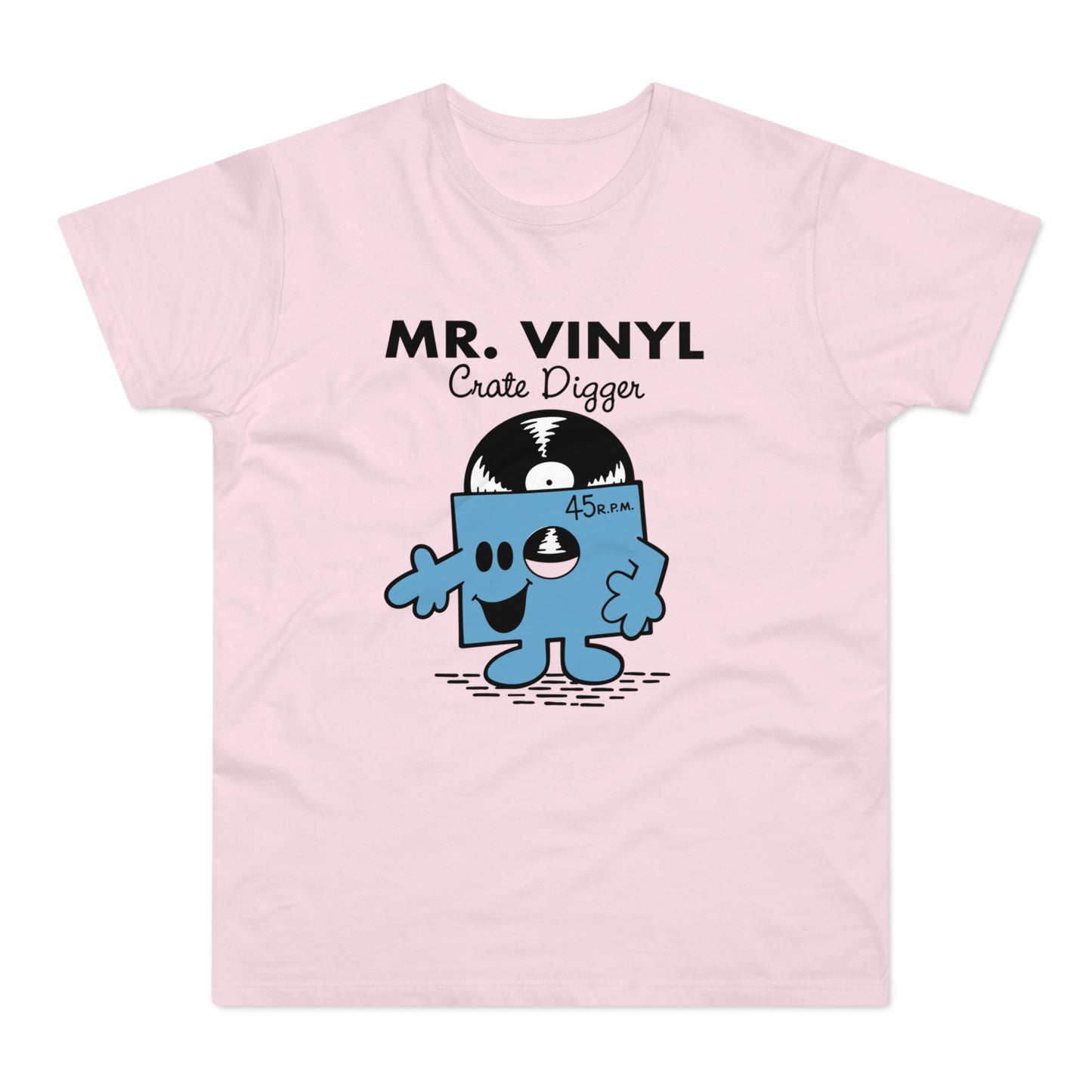 Pink t-shirt with Mr. Vinyl Crate Digger graphic and 45 R.P.M. label.