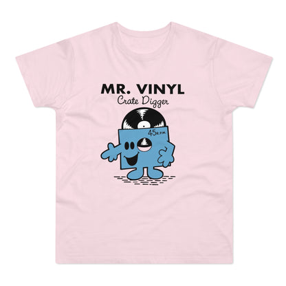 Pink t-shirt with Mr. Vinyl Crate Digger graphic and 45 R.P.M. label.