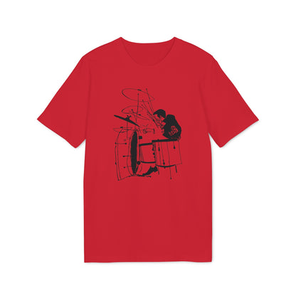 Black line art of a drummer playing a drum set on a red t-shirt.