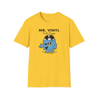 Yellow t-shirt with black text "MR. VINYL Crate Digger" and a cartoon vinyl record character.