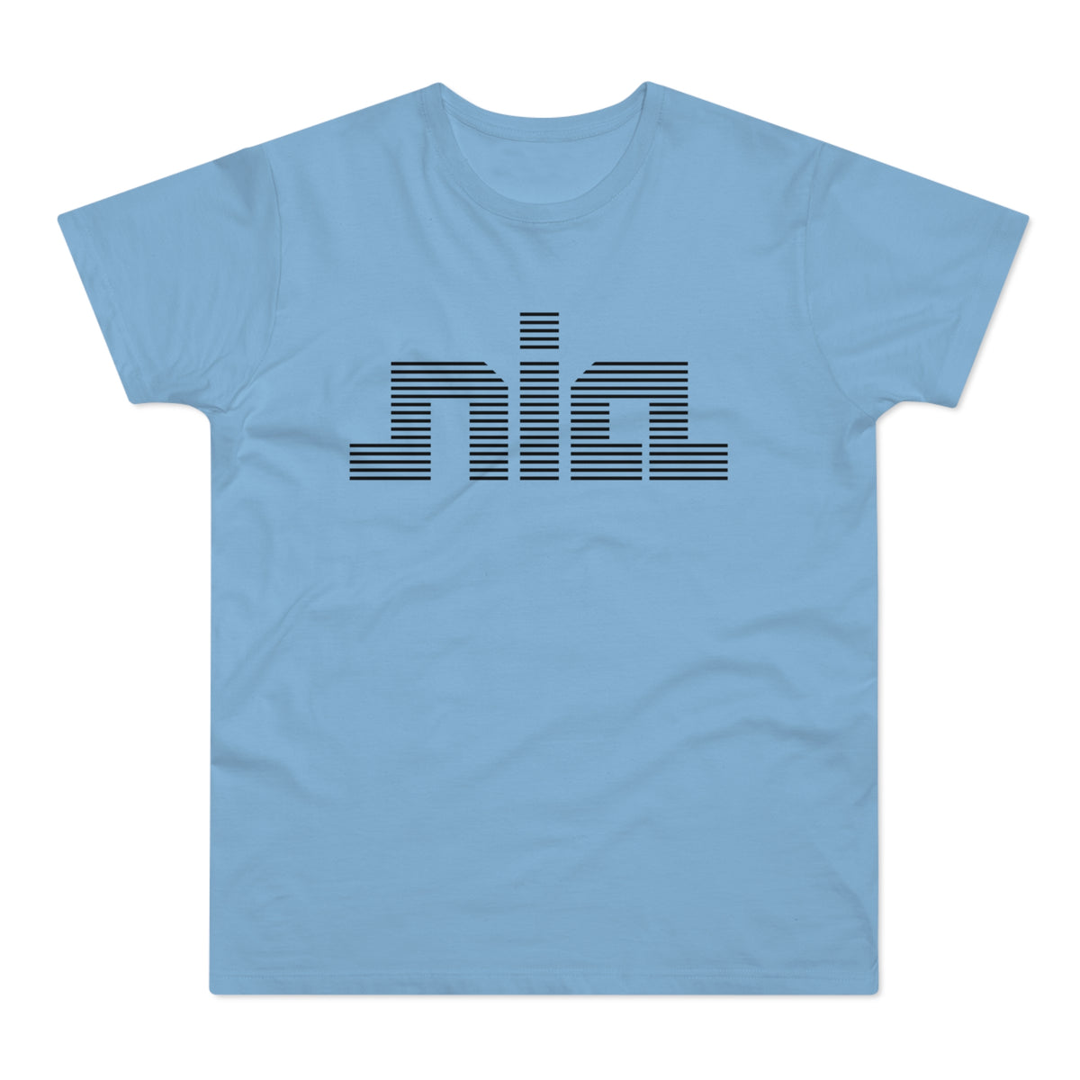 Light blue t-shirt with black striped "Nia" logo across the chest.