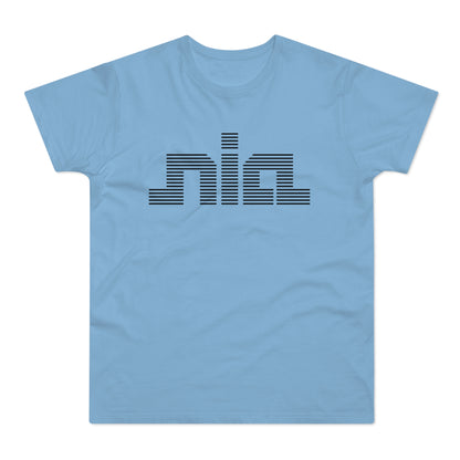 Light blue t-shirt with black striped "Nia" logo across the chest.