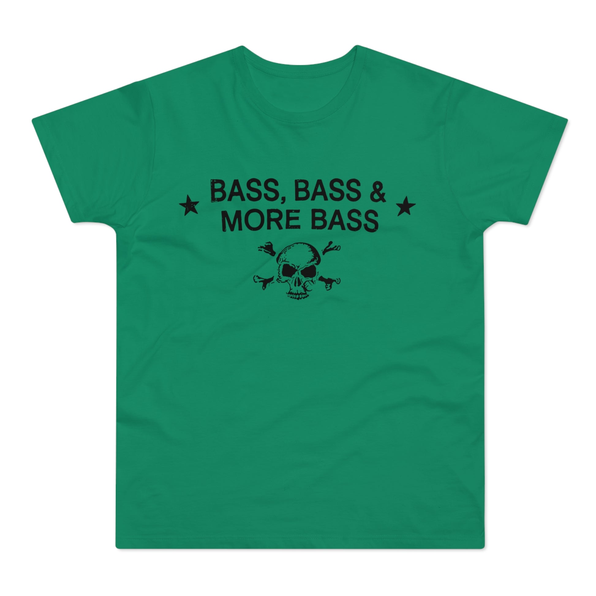 Green t-shirt with black text "BASS, BASS & MORE BASS" and skull graphic.