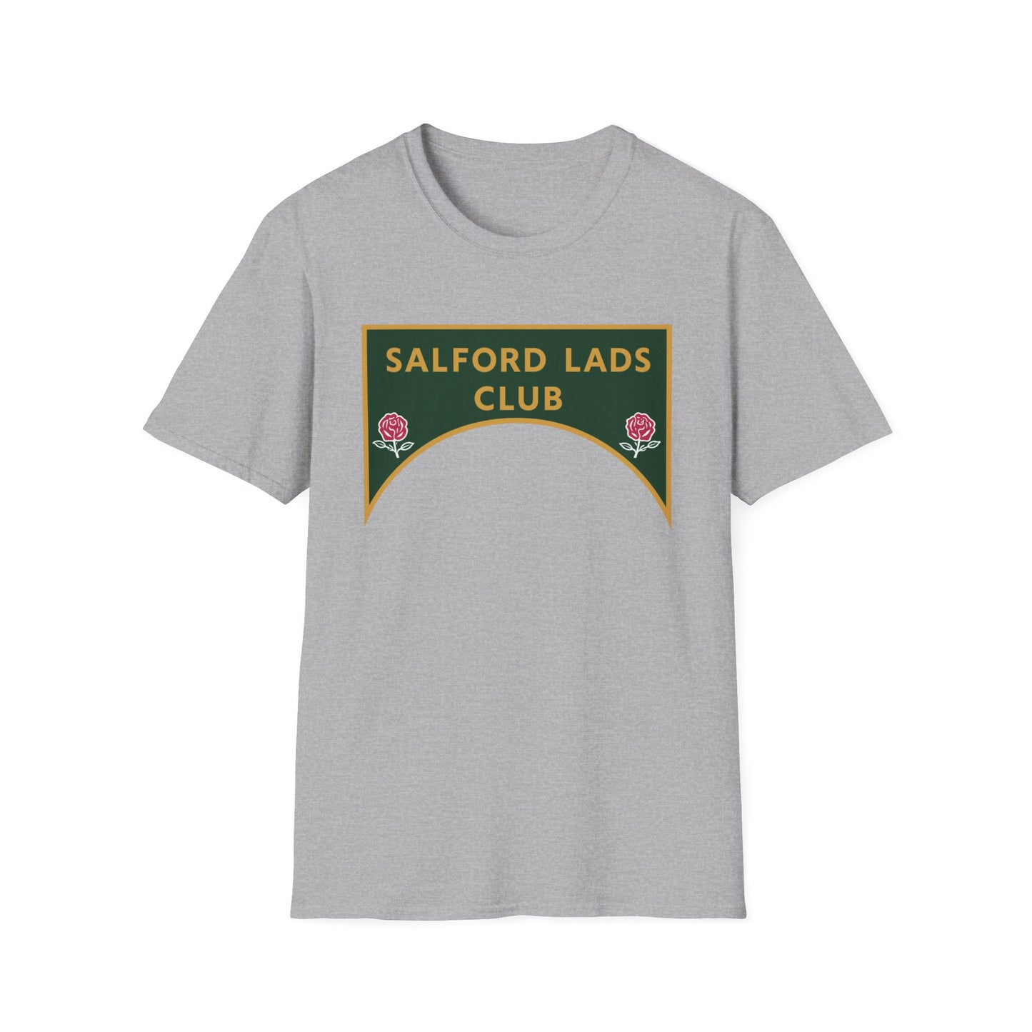 Grey t-shirt with a green and gold crest for Salford Lads Club.