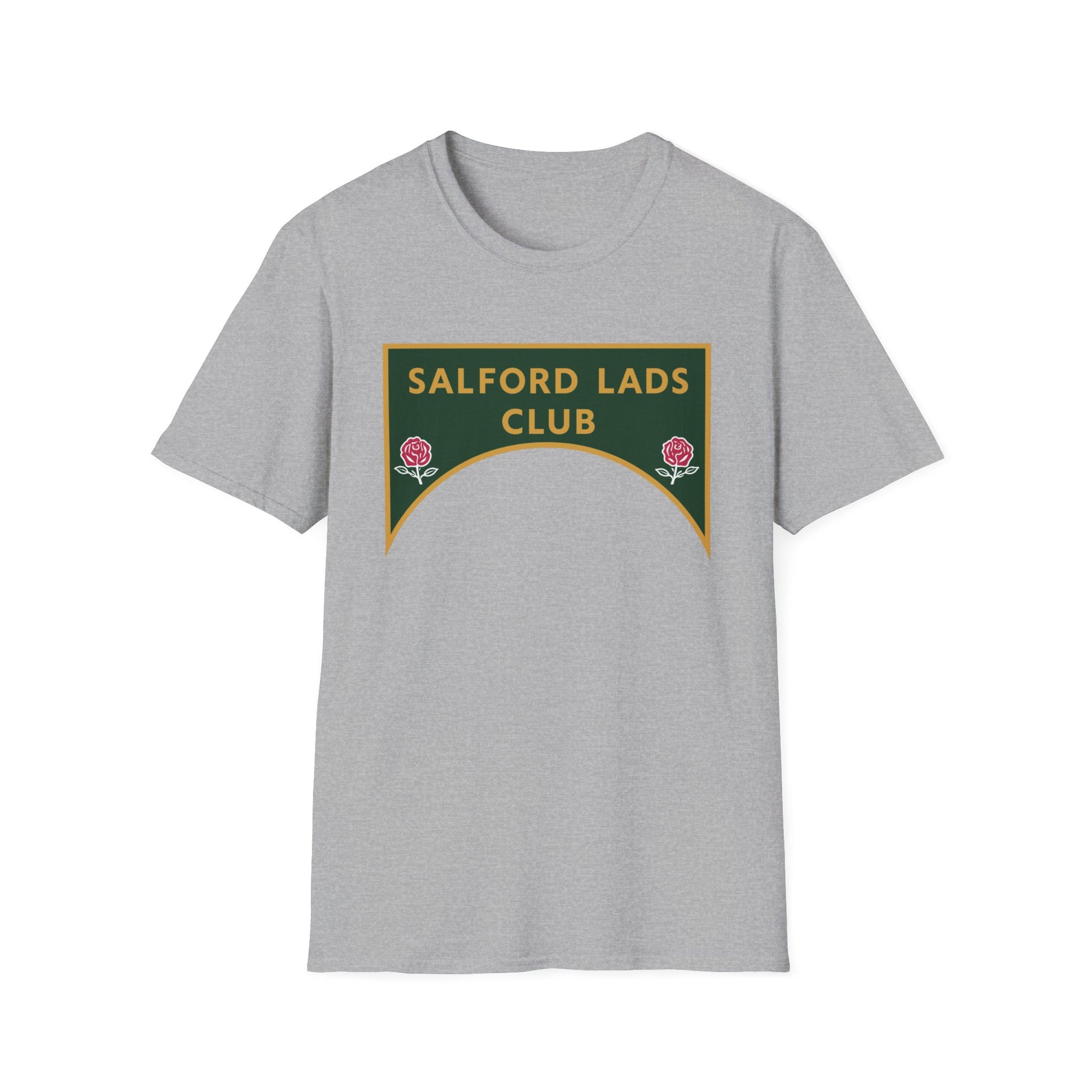 Grey t-shirt with a green and gold crest for Salford Lads Club.