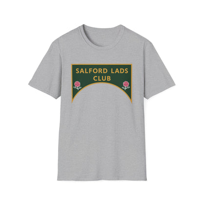 Grey t-shirt with a green and gold crest for Salford Lads Club.