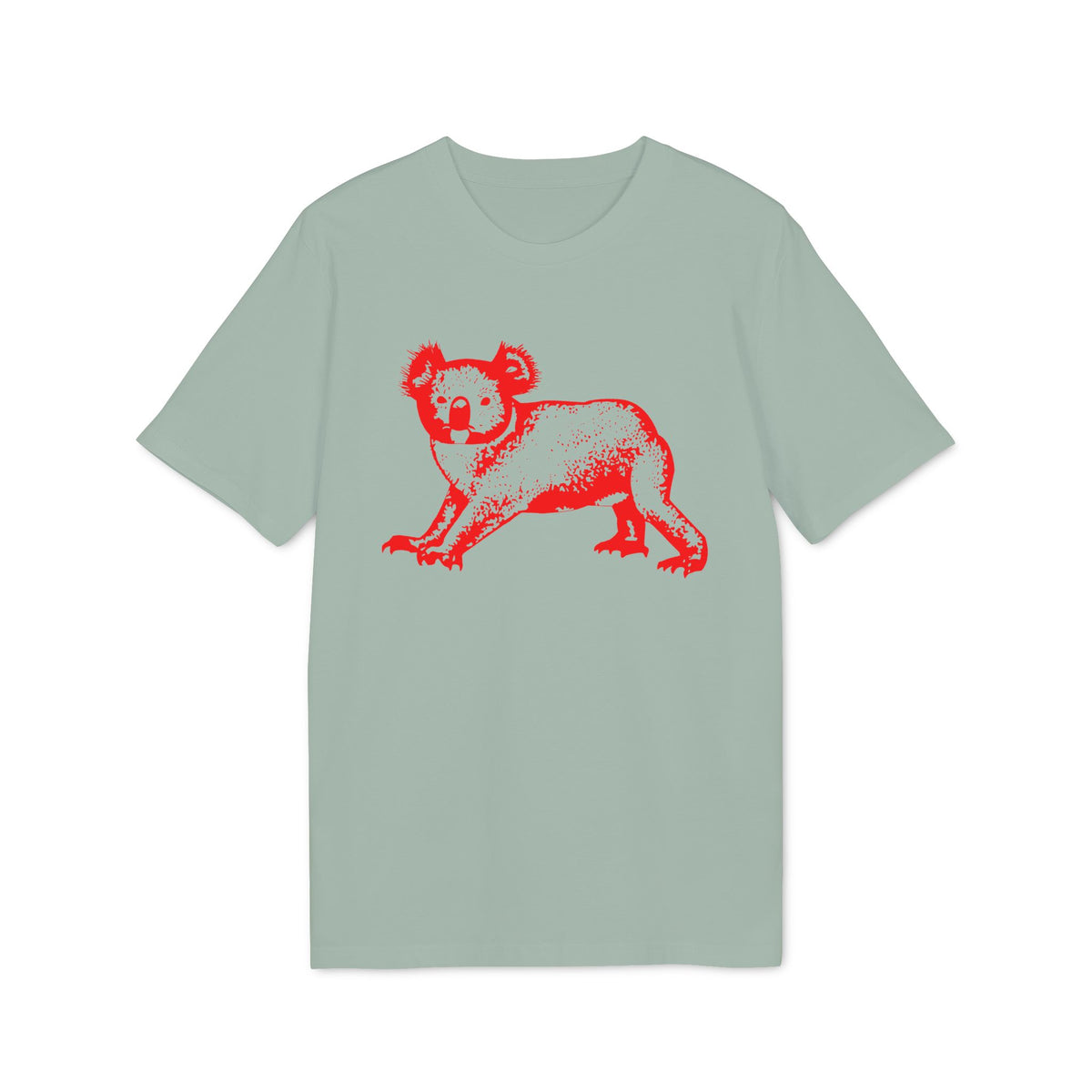 A short-sleeved sage green t-shirt featuring a red graphic of a koala on the front.