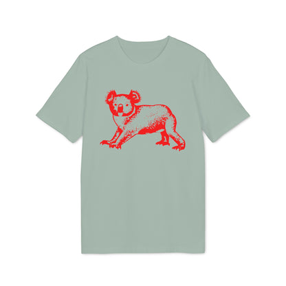 A short-sleeved sage green t-shirt featuring a red graphic of a koala on the front.
