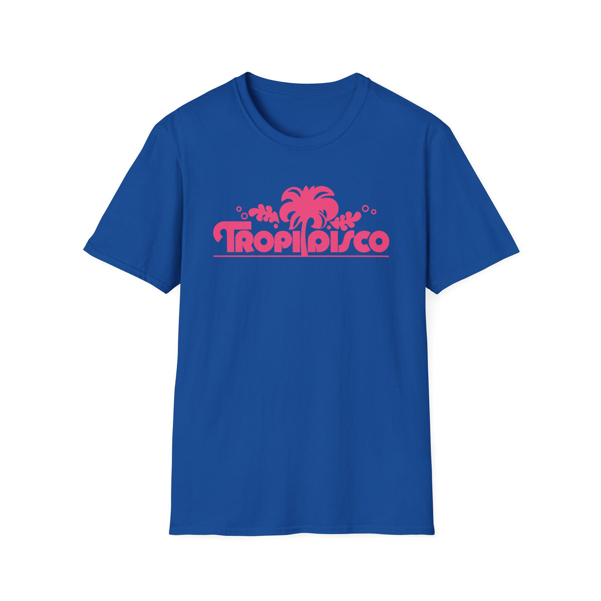 Blue t-shirt with pink "Troop Disco" text and palm tree graphic.