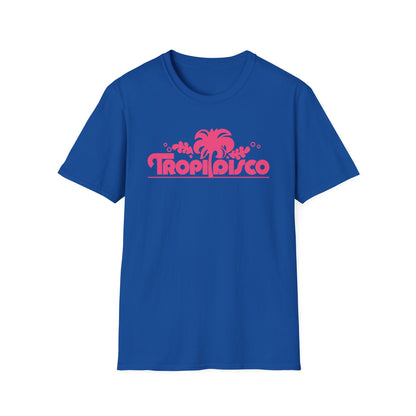 Blue t-shirt with pink "Troop Disco" text and palm tree graphic.