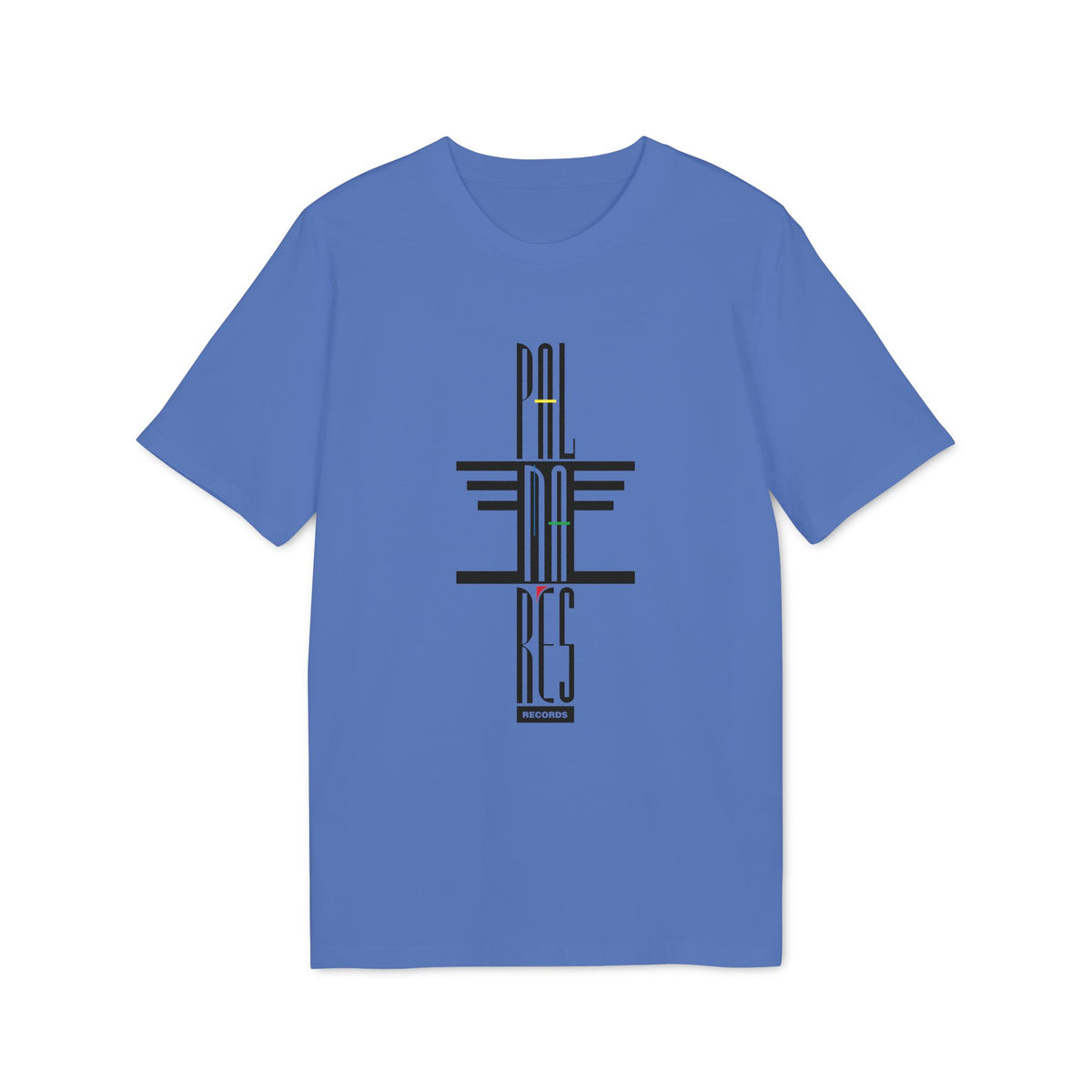 A blue short-sleeved t-shirt featuring a vertical black typographic graphic design reading PALMARES RECORDS on the chest.