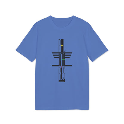 A blue short-sleeved t-shirt featuring a vertical black typographic graphic design reading PALMARES RECORDS on the chest.