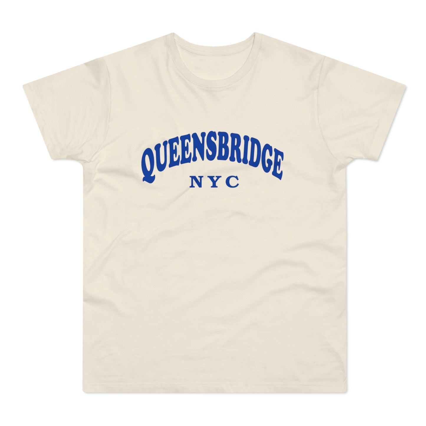 Cream t-shirt with blue "QUEENSBRIDGE NYC" text across the chest.
