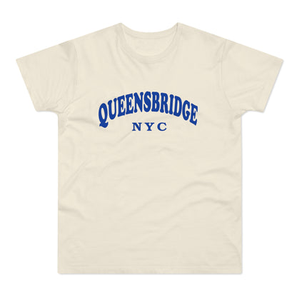 Cream t-shirt with blue "QUEENSBRIDGE NYC" text across the chest.