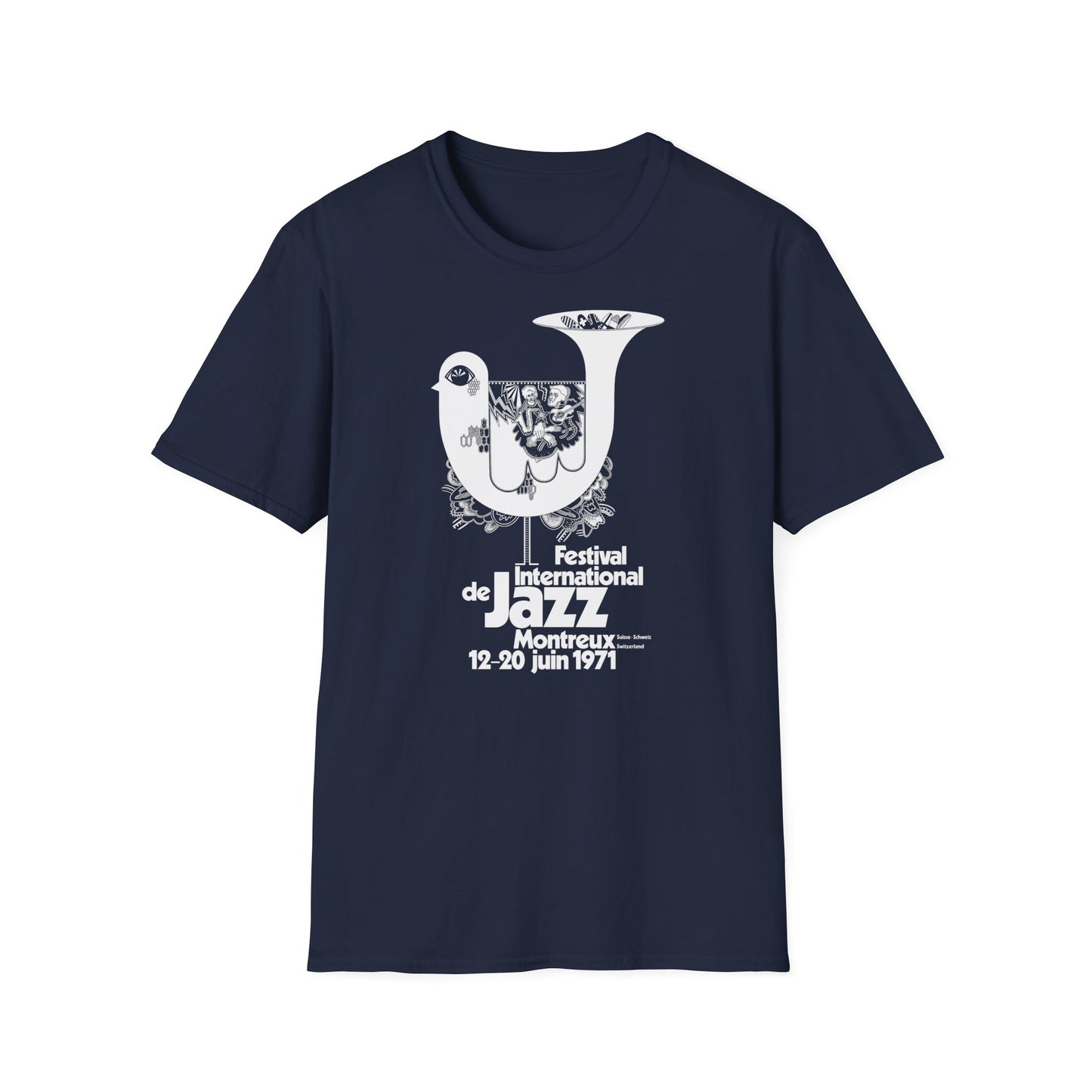 Montreux Jazz Festival 1971 t-shirt featuring a dove graphic and text.