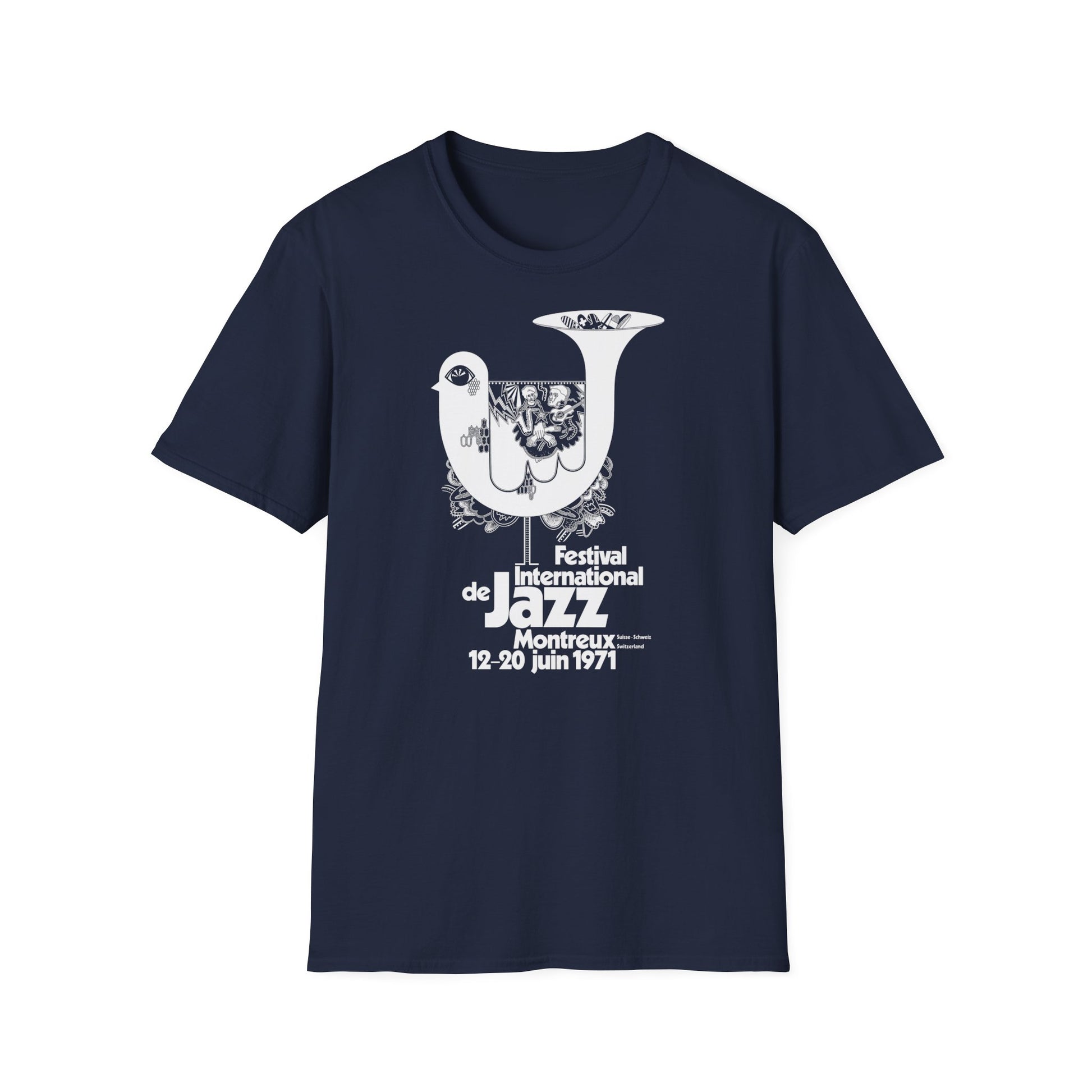 Montreux Jazz Festival 1971 t-shirt featuring a dove graphic and text.