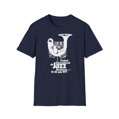 Montreux Jazz Festival 1971 t-shirt featuring a dove graphic and text.