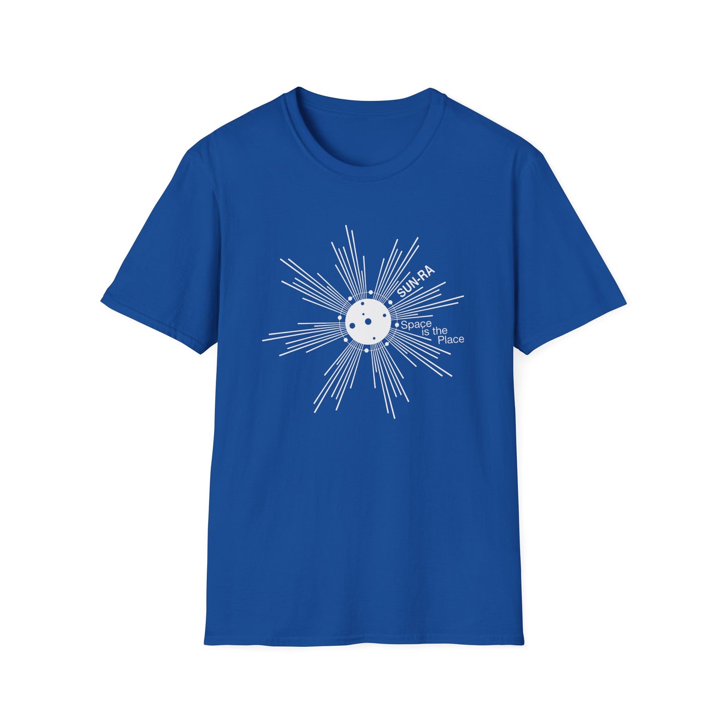 Blue t-shirt with white sunburst graphic and text "SUN-RA Space is the Place".