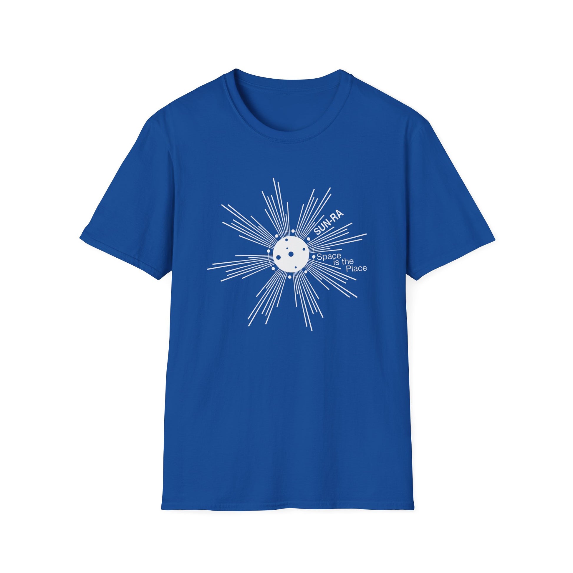 Blue t-shirt with white sunburst graphic and text "SUN-RA Space is the Place".