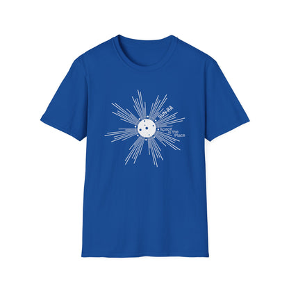 Blue t-shirt with white sunburst graphic and text "SUN-RA Space is the Place".